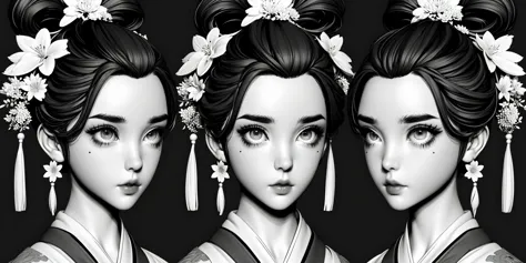 monochrome, HEZI, Three views, modeling, Hair, girl, avatar, hair ornament, mole under eye, mole, greyscale, jewelry, earrings, looking at viewer, 3girls, hair stick, realistic, closed mouth, portrait, grey background, multiple views, flower, variations, simple background, hair flower, chinese clothes, 1girl, expressionless, multiple girls, eyelashes, lips, kanzashi, hair pulled back, nose, short hair, updo, upper body, artist name, forehead, makeup, bangs, tassel, signature, parted lips,<lora:å»ºæ¨¡å¤´åä¸è§å¾-000008:0.8>,