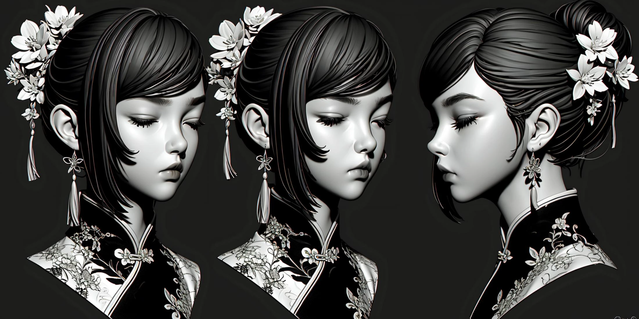 monochrome, HEZI, Three views, modeling, Hair, girl, avatar, 1girl, greyscale, earrings, jewelry, multiple views, hair ornament, mole, mole under eye, chinese clothes, grey background, closed mouth, bangs, realistic, hair bun, half-closed eyes, floral print, single hair bun, hair flower, braid, sidelocks, flower, portrait, simple background, profile, short hair, china dress, nose, updo, black background, closed eyes, lips, swept bangs, frown, dress, looking at viewer, tassel, artist name, cropped shoulders, eyelashes, from side, hair behind ear, upper body,