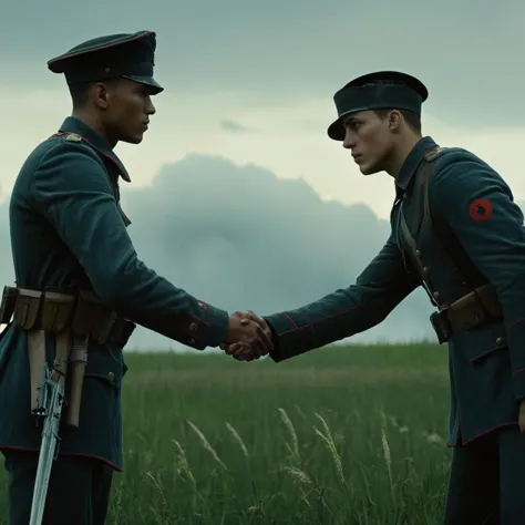 UHD, 4k, ultra detailed, cinematic, a photograph of  <lora:Battlefield ww1 style:1>
two men in military uniforms shaking hands i...