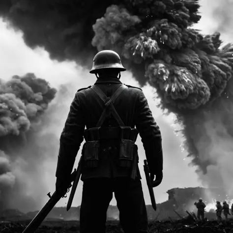 UHD, 4k, ultra detailed, cinematic, a photograph of  <lora:Battlefield ww1 style:1>
a man standing in front of a huge explosion ...