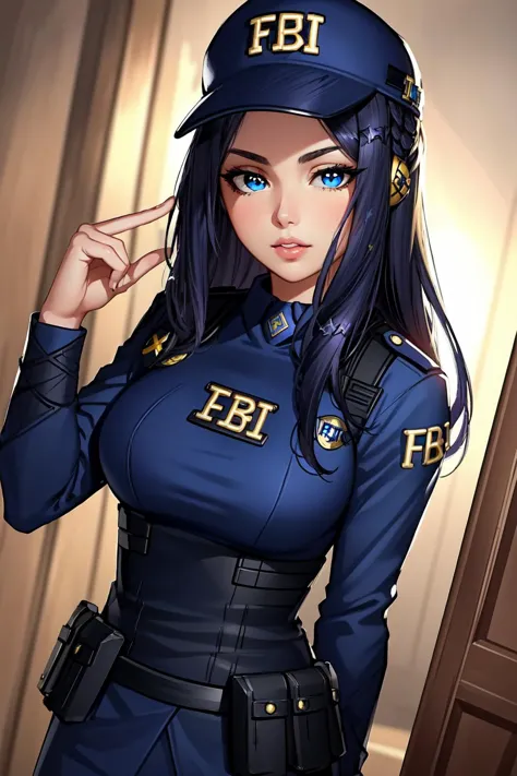 best quality, intricate details, 
1girl, long hair, ((blue eyes)), solo, black hair, Irelia, looking at viewer, purple hair,  lips, foreshortening, symmetrical eyes,    <lora:ireliaFromLeagueOf_ireliaV1:0.8> irelia,  arm ribbon, 
 <lora:fbiMemeLora_v10:0.8> skistyle, (fbi cap, fbi, blue police uniform, police badge:1.4)