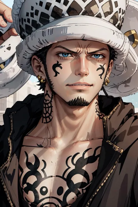 (masterpiece, best quality),  intricate details
 1boy,     <lora:Trafalgar_lawV3:0.8> law,round hat, tattoos, adult, sneer,