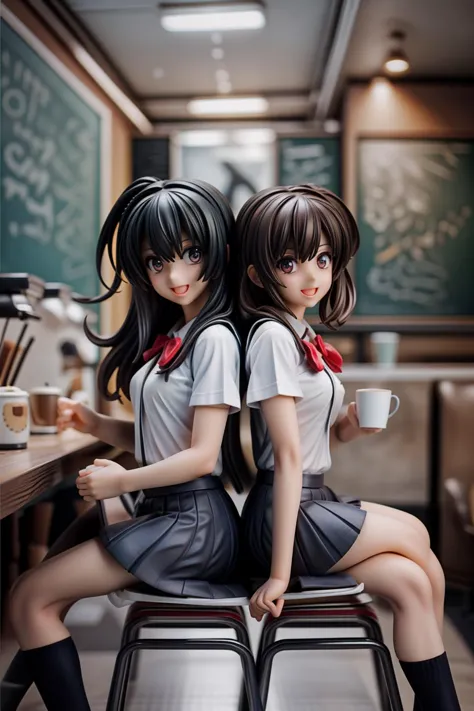 2 girls at coffee shop , sitting, school uniform, joyful talking, (anime)