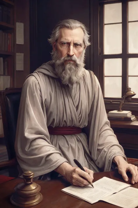 ,<lora:bouguereau-01:0.7> ,bgrtpainting, old magician sitting at the desk in old castle tower,ultra long white beard,gray-haired...