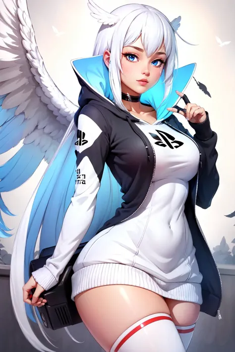 a woman with white hair and blue eyes is posing with wings