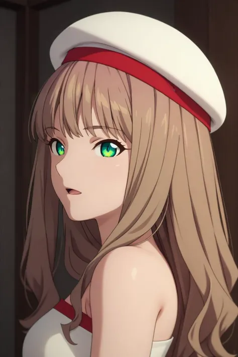 a woman with a sailor hat and green eyes looks at the camera