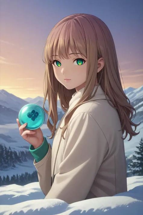 a girl holding a glass ball in the snow