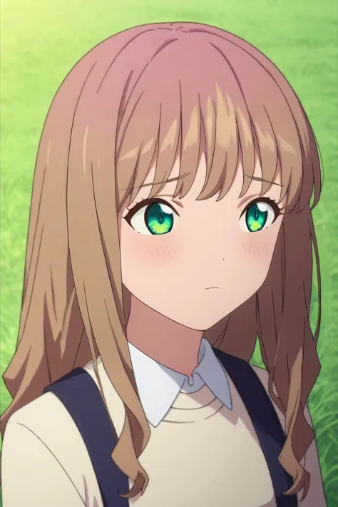 score_9, score_8_up, score_7_up, source_anime, rating_safe, intricate details, anime screencap, , , , , 1girl, solo, <lora:yume_minami_pony:0.78>, yume_minami, brown hair, green eyes, long hair, bangs, upper body, grass, tree, dark, arm at side, shy, blush, , <lora:sdxl_lightning_8step_lora:1>