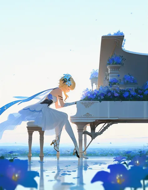 1girl, solo, short hair, blonde hair, hair ornament, dress, sitting, closed eyes, flower, outdoors, sky, hair flower, white dress, scarf, from side, high heels, instrument, scenery, music, wide shot, playing instrument, piano, grand piano, lumine \(genshin impact\), aesthetic, amazing quality, <lora:VoidE8:1>