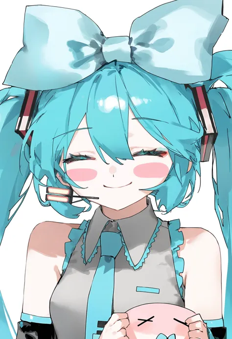 by rsef, 1girl, 1 hatsune miku, white background, simple background, upper body, holding, smile, blush stickers, ear bow, closed mouth, closed eyes, hair bow, collared shirt, sleeveless shirt, grey shirt, detached sleeves, black sleeves, aqua necktie, bare shoulders, frills, long sleeves, wide sleeves, blue bow, aesthetic, beautiful color, best quality, updo, > <, cheek-to-cheek, cheek press, crossover, rating: safe