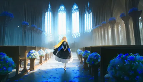 there is a woman walking down a church aisle with flowers