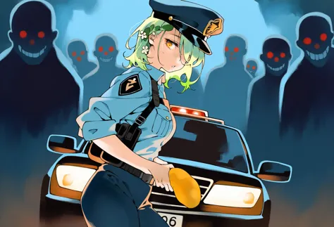 anime character in uniform standing in front of a police car