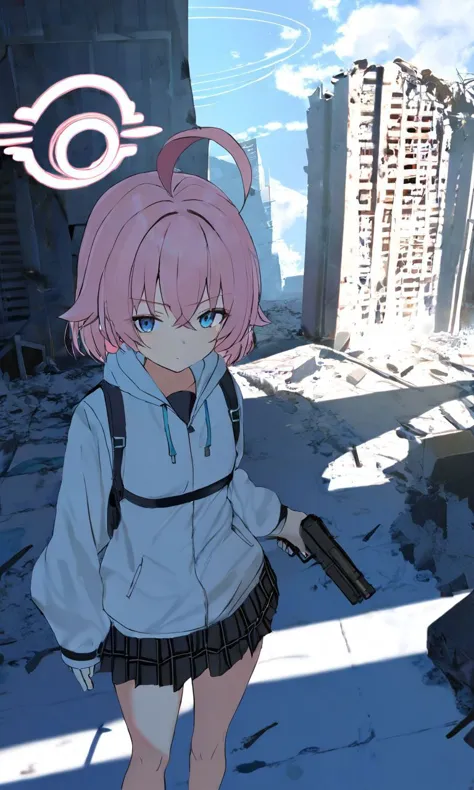 anime girl with pink hair and a gun in a destroyed city