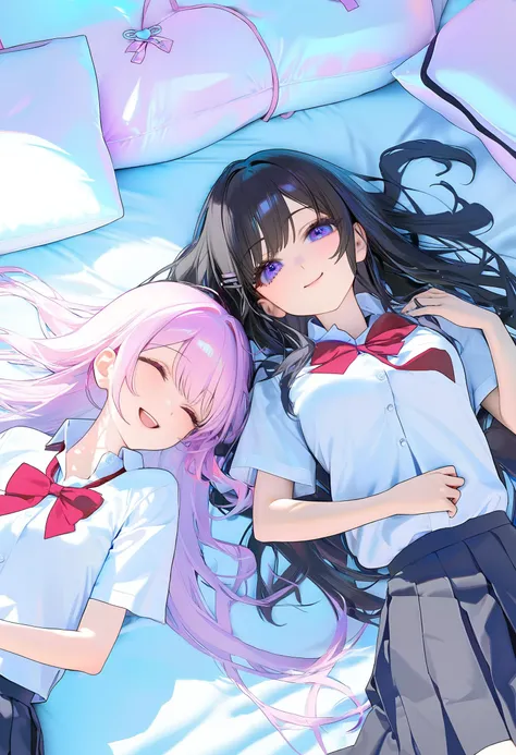 anime characters laying on a bed with pillows and pillows