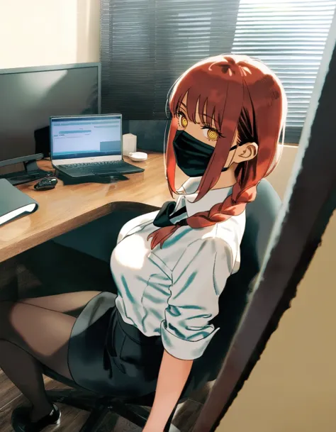 anime girl sitting at a desk with a mask on her face