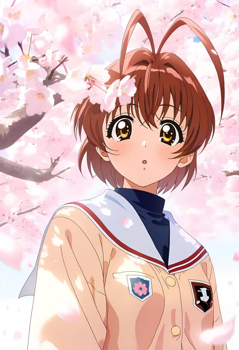 1girl, solo, 1 furukawa nagisa, hikarizaka private high school uniform, brown clothes, sakura, aesthetic, detailed, beautiful color, amazing quality