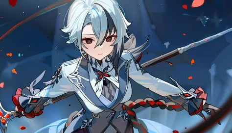 anime girl with white hair and blue eyes holding a sword