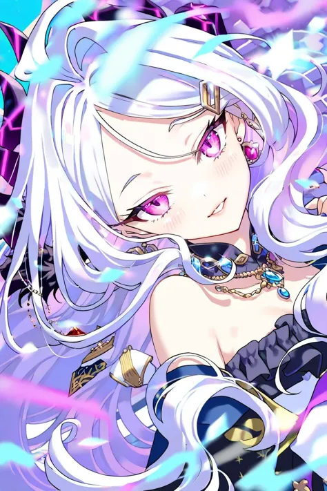 a close up of a anime girl with long white hair