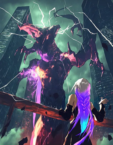 anime girl with purple hair and a purple hoodie standing in front of a giant monster