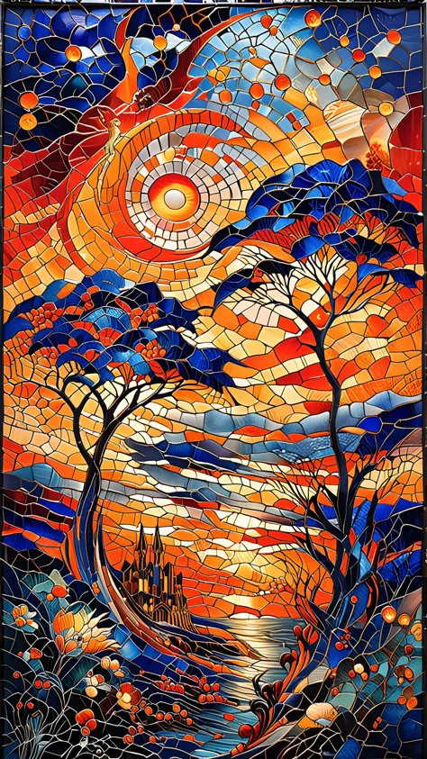 a close up of a stained glass picture of a sunset