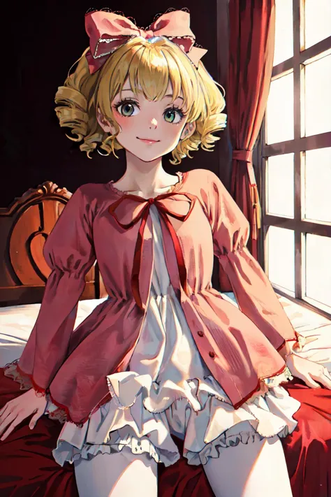 anime girl in a red dress sitting on a bed