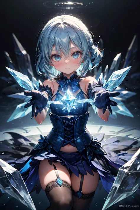 (masterpiece, best quality), 1girl, blue hair, ice hair, blue eyes, ice shards, hands crystal ice, ice blade, blue magic circle, blue corset, black thighhighs, sidelighting, light particles, abstract, <lora:add_detail:1>