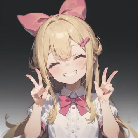 anime girl with blonde hair and pink bow making peace sign