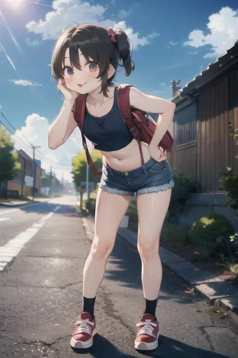 a woman in shorts and a tank top standing on a street