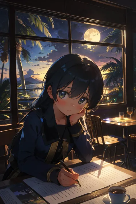 anime girl writing in a cafe with a view of the ocean