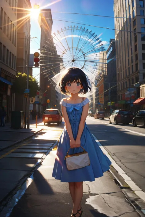 a woman in a blue dress is standing on a city street