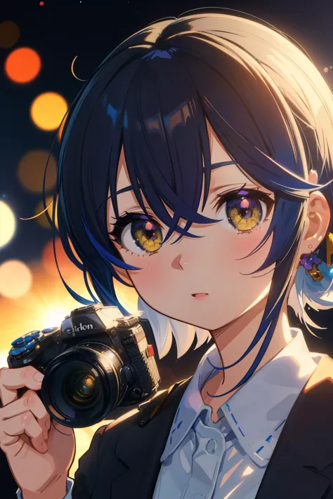 anime girl with camera and lights in background