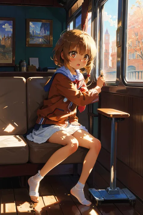 anime girl sitting on a train looking out the window