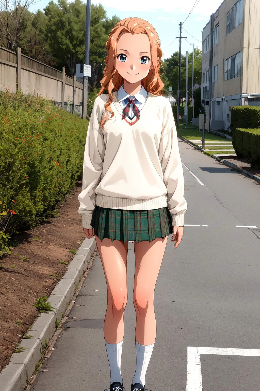 (RAW photo, best quality), 1girl, smile, solo, outdoor, in front of a school,
 shite mizuho, 
, ribbon, sweater, plaid skirt, beautiful legs, long legs, loose socks,