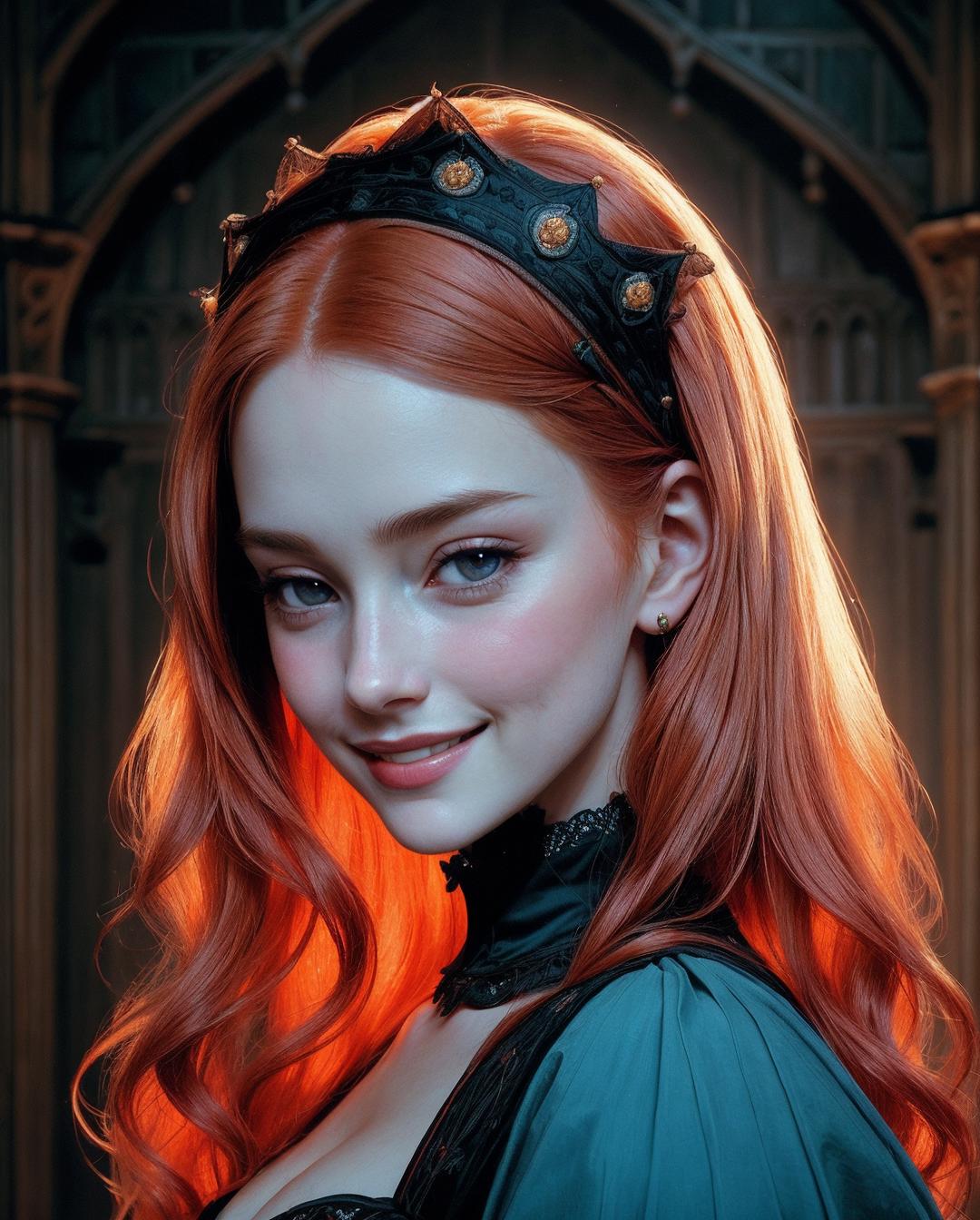 A close up of a woman with red hair wearing a tia - SeaArt AI