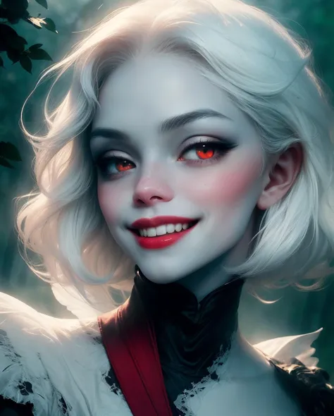 a woman with red eyes and white hair is smiling