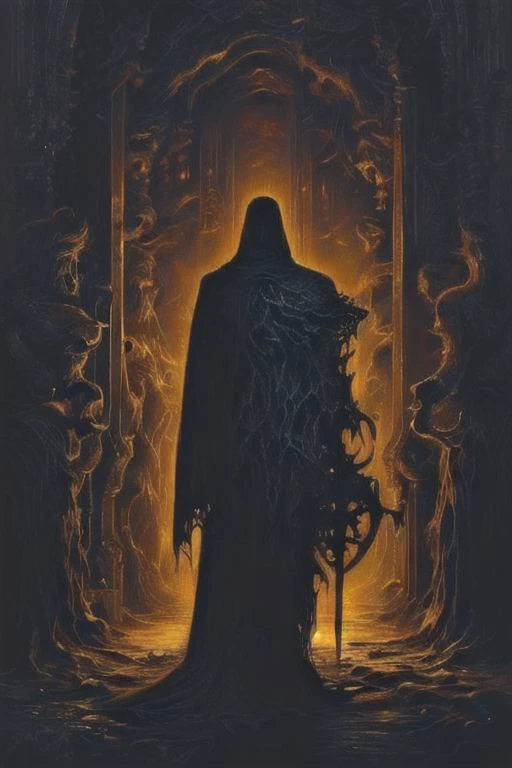 perfect light, fine art, masterpiece, ultra detailed, hd, award winning painting of the foe reaper at the gates of hell , horror theme, intricate details, OverallDetail