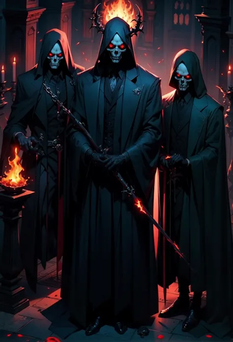 three men in black robes stand in front of a fire