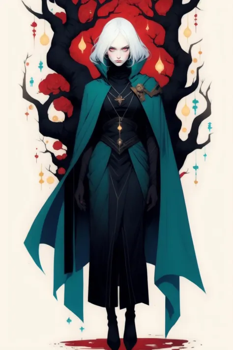 full body  image of a chibi:1.5 woman with a white hair and a red eye, concept art of a dark forest, scp-049, blue cloak, an exh...
