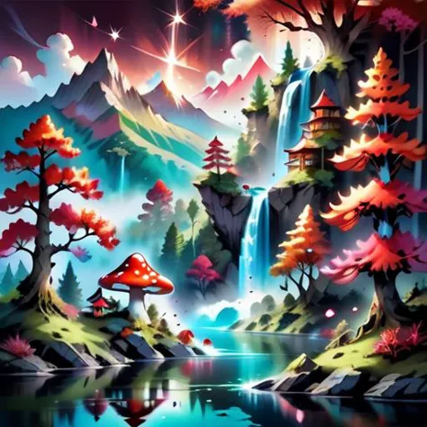 a painting of a waterfall and a forest with a waterfall