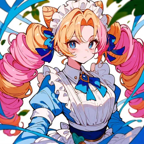 a close up of a anime character with a pink and blue dress