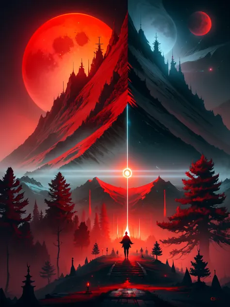 Scif vibes, Otherworldly, Cinematic, Ominous mountain, digital art, inspired by Cyril Rolando, digital art, blood red moon, forest, Japanese temple, beeple and jeremiah ketner, symmetrical digital illustration, realism | beeple, over detailed art, music album art, Creepy