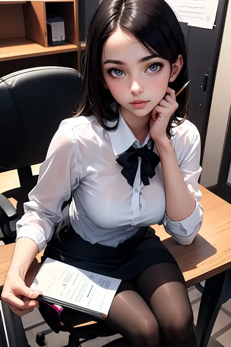 (masterpiece, best quality), a young black haired girl office secretary dressed in a transparent white blouse and black office s...