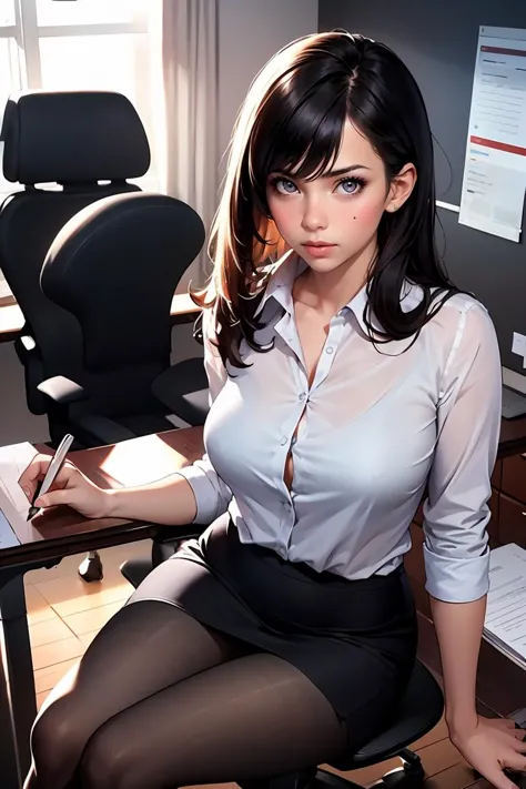 (obra maestra, mejor calidad), una joven secretaria de oficina de cabello negro vestida con una blusa blanca transparente y una falda de oficina negra y pantimedias negras ,sentado en una silla de oficina, sosteniendo un lapiz, (piel detallada:1.3),(ojos detallados), (enfoque nítido),