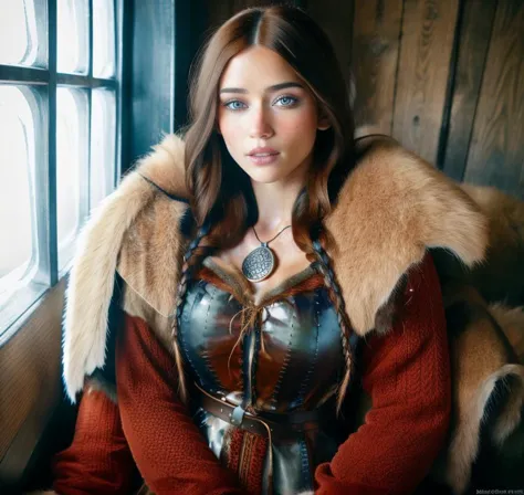 cute woman, brunette hair, blue pale eyes,  in medieval tabern  <lora:0pen:1>, professional light, cinematic lighting, fashion p...