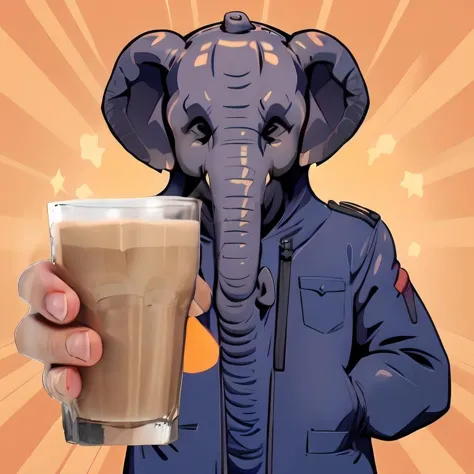 there is a man holding a glass of coffee with an elephant on it