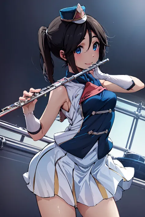 anime girl playing flute in a blue and white outfit