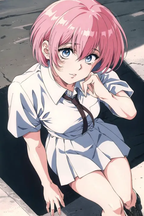 anime girl with pink hair and blue eyes sitting on a bench