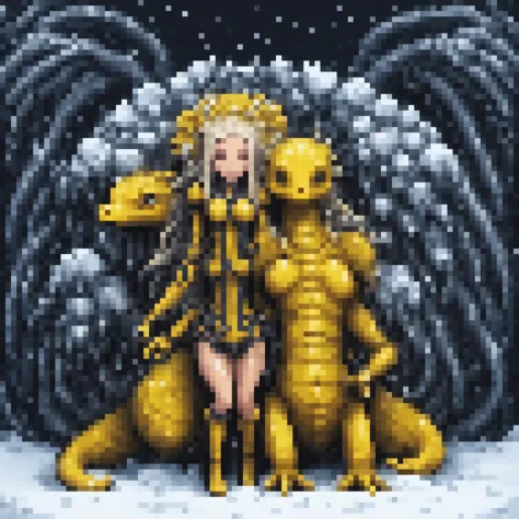 a young beautiful girl hugging a ((ugly yellow creature designed by H.R.Giger)),the monster is covered in complex vascular textures,exposed organs and bones,snow,snowflakes falling on the head,sunshine,seductive smile,<lora:PixelArtRedmond-Lite64:1>,pixelart,white background,