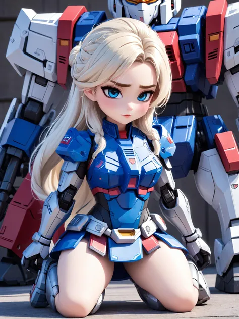 a close up of a woman sitting on the ground next to a giant robot