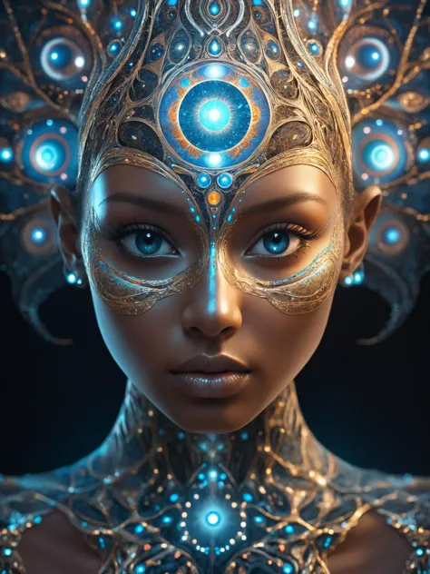 (8k, RAW photo, highest quality), hyperrealistic abstract style portrait of an otherworldly being with metallic skin, glowing or...